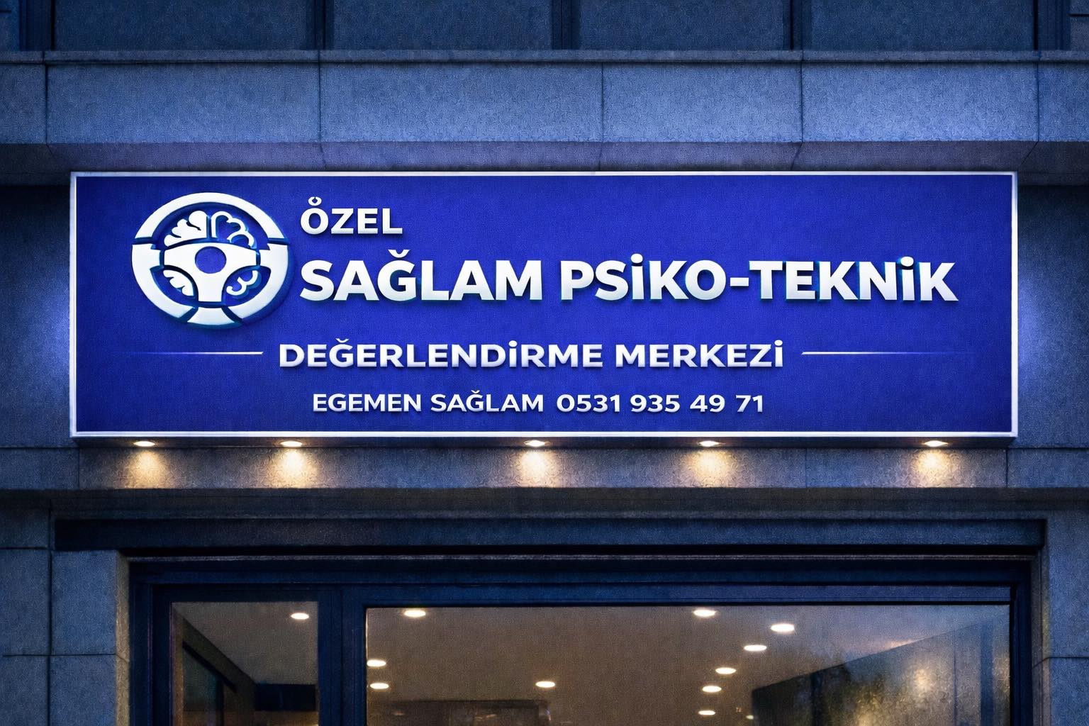 Merkezin aydınlatmalı mavi tabelası